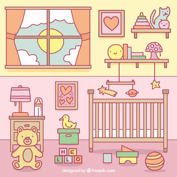 彩色婴儿房玩具和婴儿床