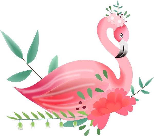 粉色火烈鸟花卉清新插画元素