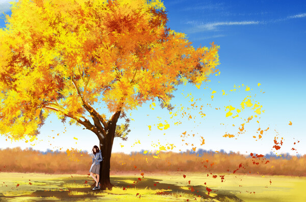 秋季人物插画卡通背景海报素材图片