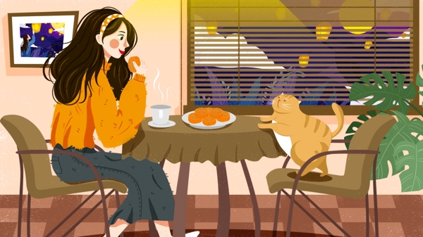 温馨传统节日中秋节女孩与猫居家吃月饼插画