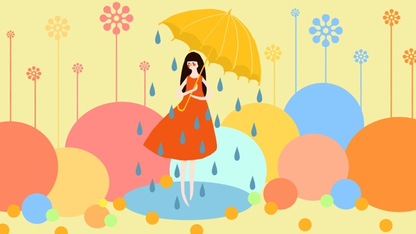 小清新浅黄色可爱撑伞的女孩