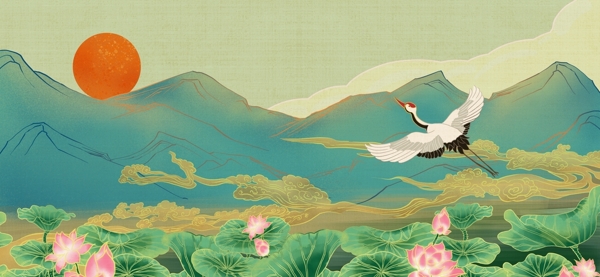 仙鹤传统古风国风插画背景素材