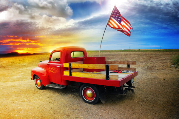美国国旗与汽车图片