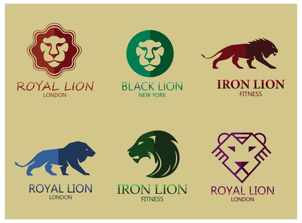 狮子标志集设计不同颜色风格自由向量