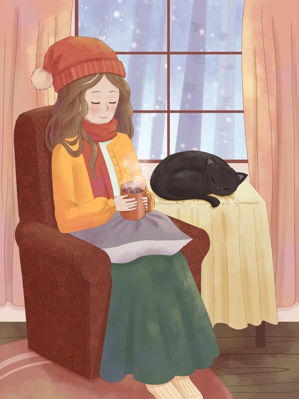 温馨暖色调冬天女孩沙发喝咖啡取暖插画