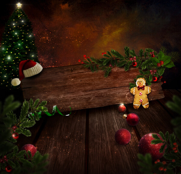 木板上的姜饼人与圣诞球