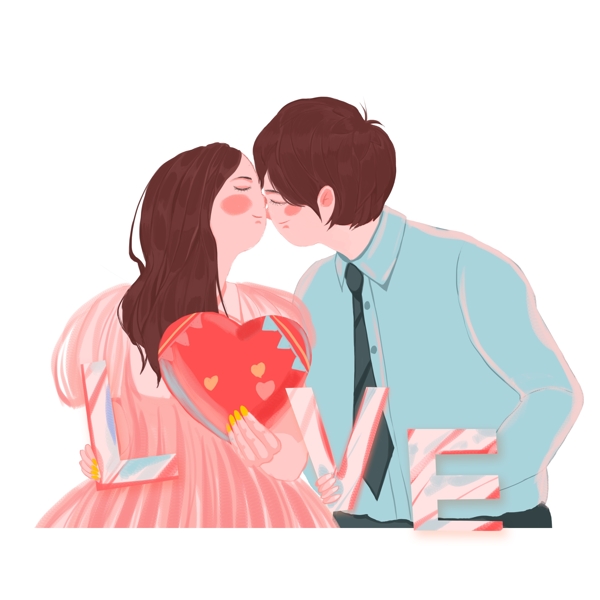 浪漫唯美接吻的情侣人物插画设计可商用元素