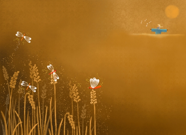 卡通稻穗上的蜻蜓插画图片