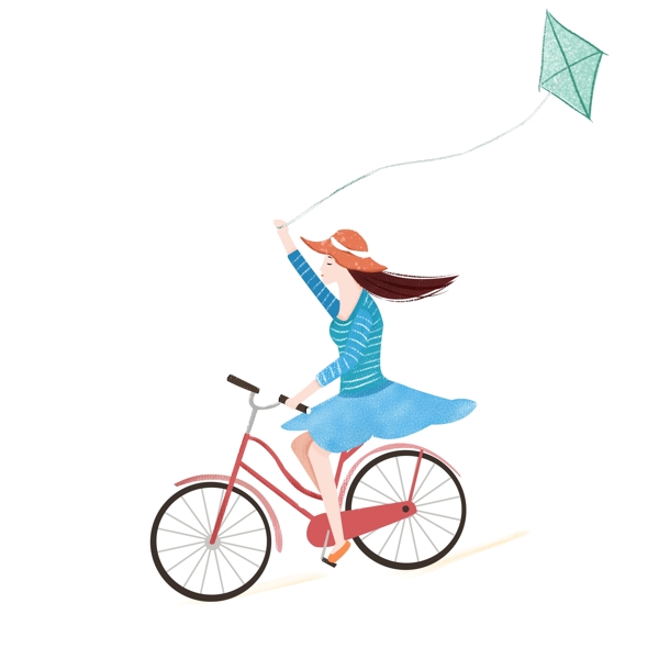 骑车放风筝的女孩人物插画设计
