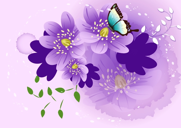 紫色花蓝色蝴蝶