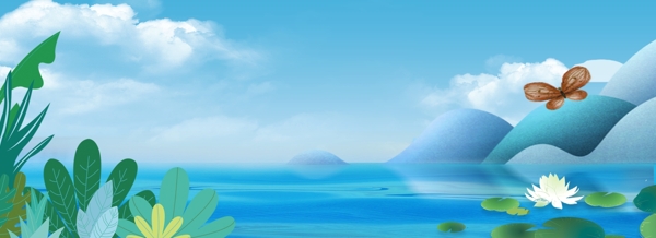 蓝色唯美清新夏季旅行湖水绿植背景