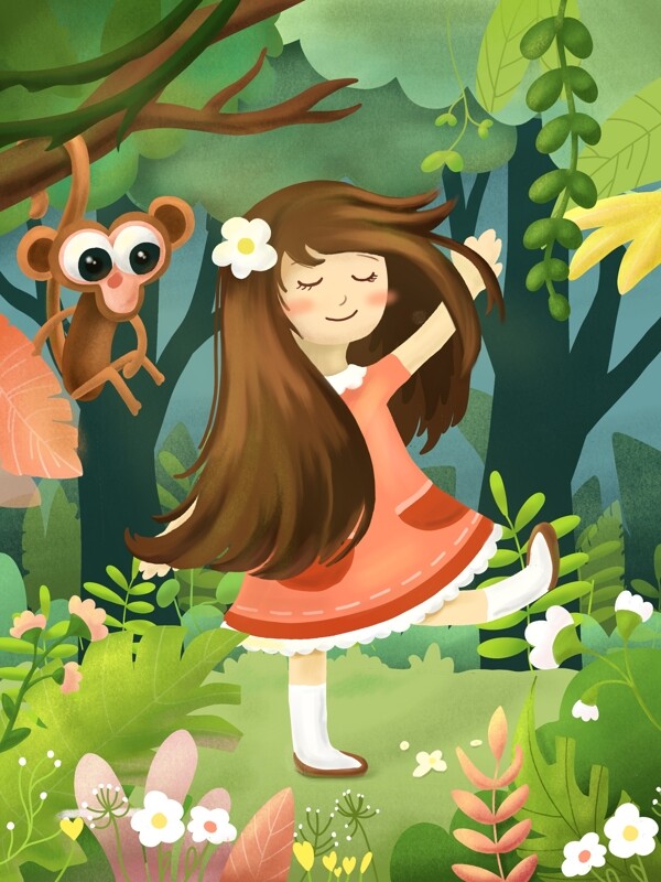 立夏之飞舞的可爱女孩与小猴子