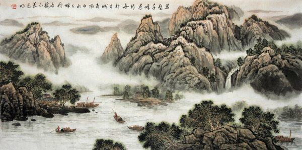 姜光明国画万壑千峰远行舟图片