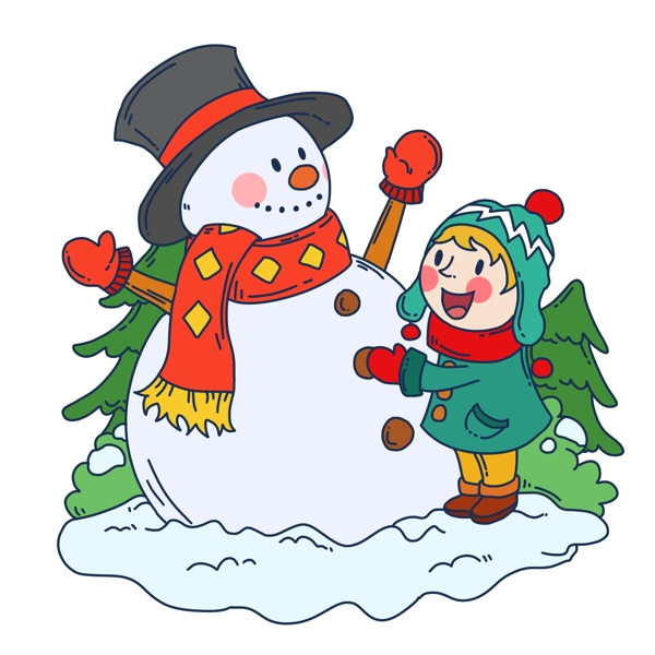 手绘冬季旅游儿童和雪人插画