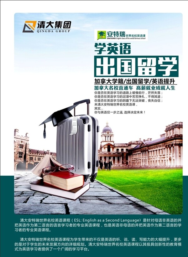 学英语出国留学行李箱宣传页海报