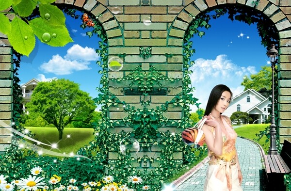 韩国美女地产广告墙时尚美女藤蔓植物别墅草地300dpi