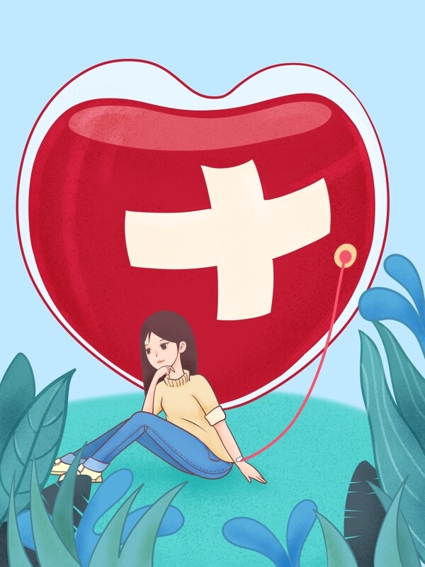 世界献血日女孩奉献血袋清新噪点插画