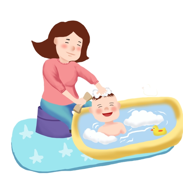 手绘母婴洗澡插画