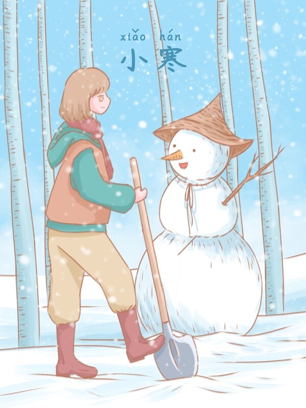节气小寒清新水彩插画雪地里堆雪人的女孩