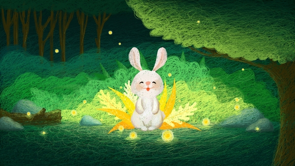 线圈画唯美绿光森林小白兔与萤火虫