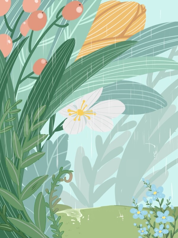 雨季彩绘清新春季植物背景设计