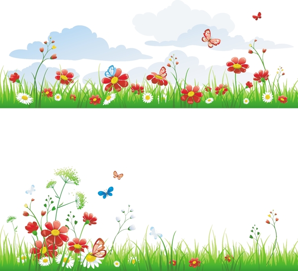 草地鲜花蝴蝶春天背景图片