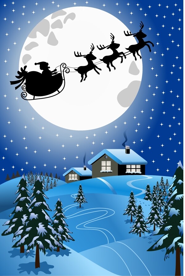 月亮前的圣诞老人和驯鹿插画