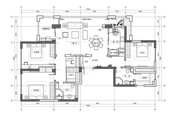 CAD三居室户型高层平面布置图