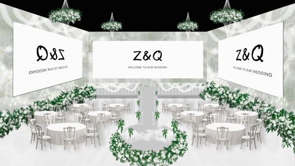 白色布景婚礼席位花朵绿叶装饰卡通背景