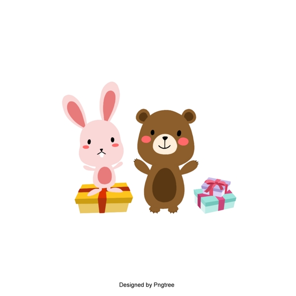 卡通可爱的兔子和带礼物的熊