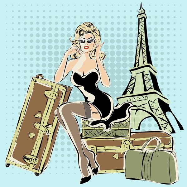 卡通时尚手绘旅行中的女人插画