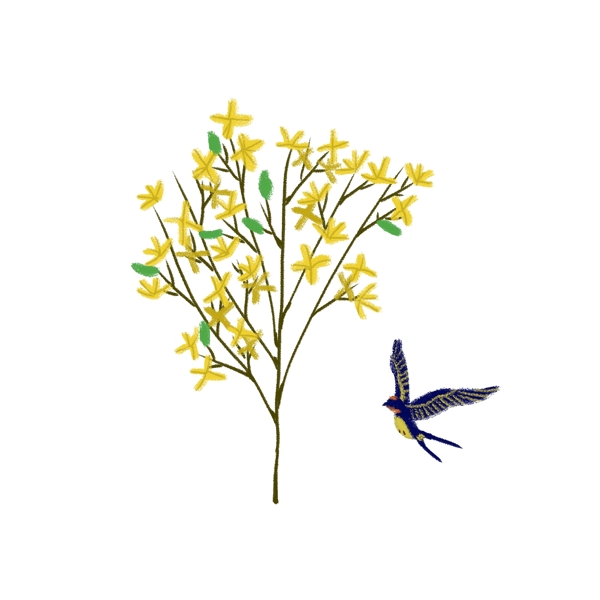 春天黄色小花的树枝和燕子PNG