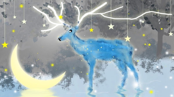 梦游仙境雪地里的鹿和月亮治愈系原创插画