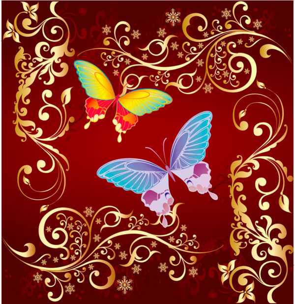 时尚美丽花纹和彩色蝴蝶背景矢量素材