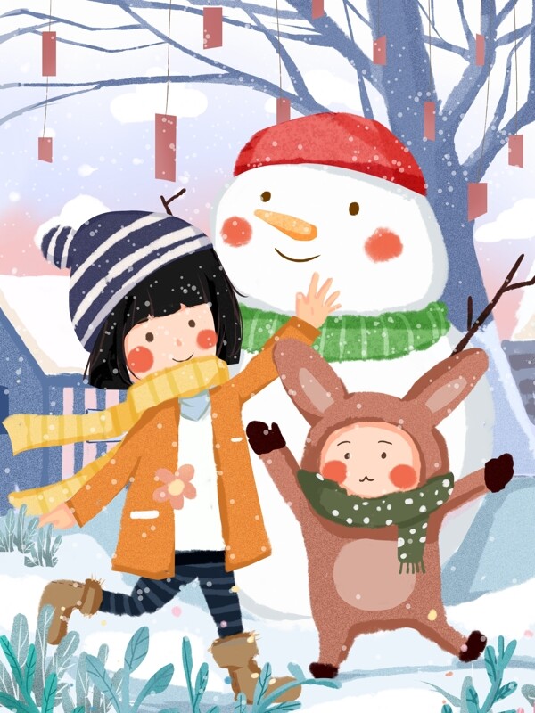 十二月你好十二月小熊与小女孩可爱温暖插画