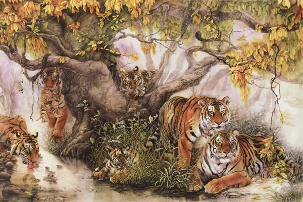 树木老虎中式装饰画