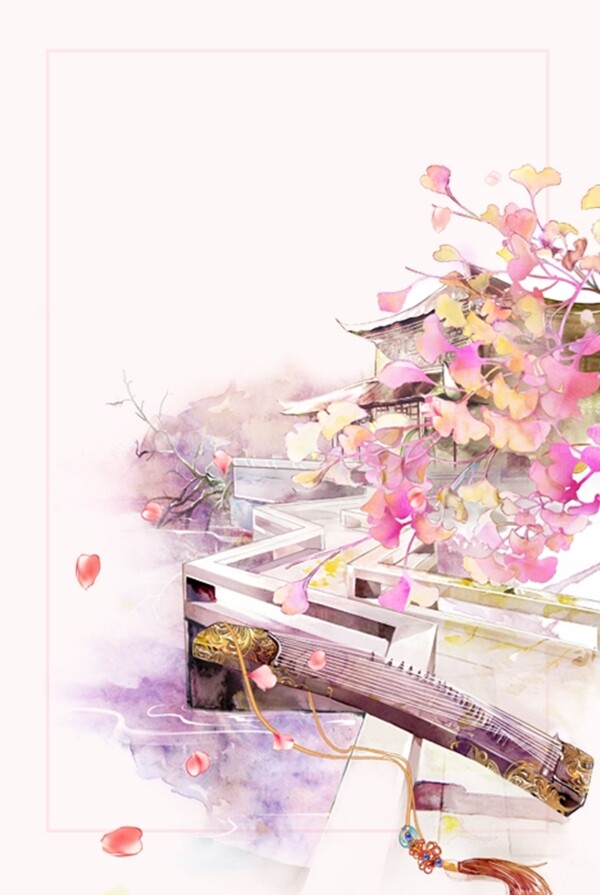 水彩花朵古筝海报背景设计