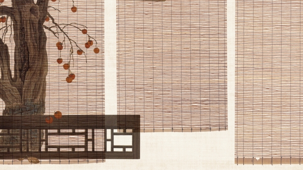 竹卷帘栏杆花树古典背景