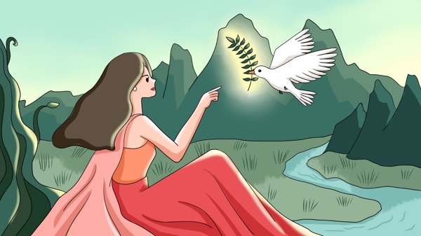 世界和平日山林间的和平女神和她的白鸽