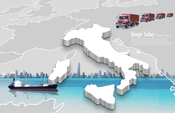 意大利地图和轮船卡车