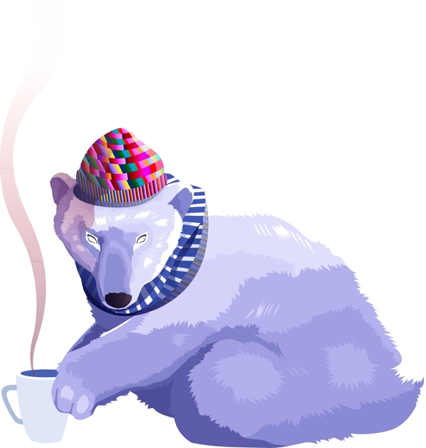 手绘卡通冬天戴帽子喝热饮的北极大白熊