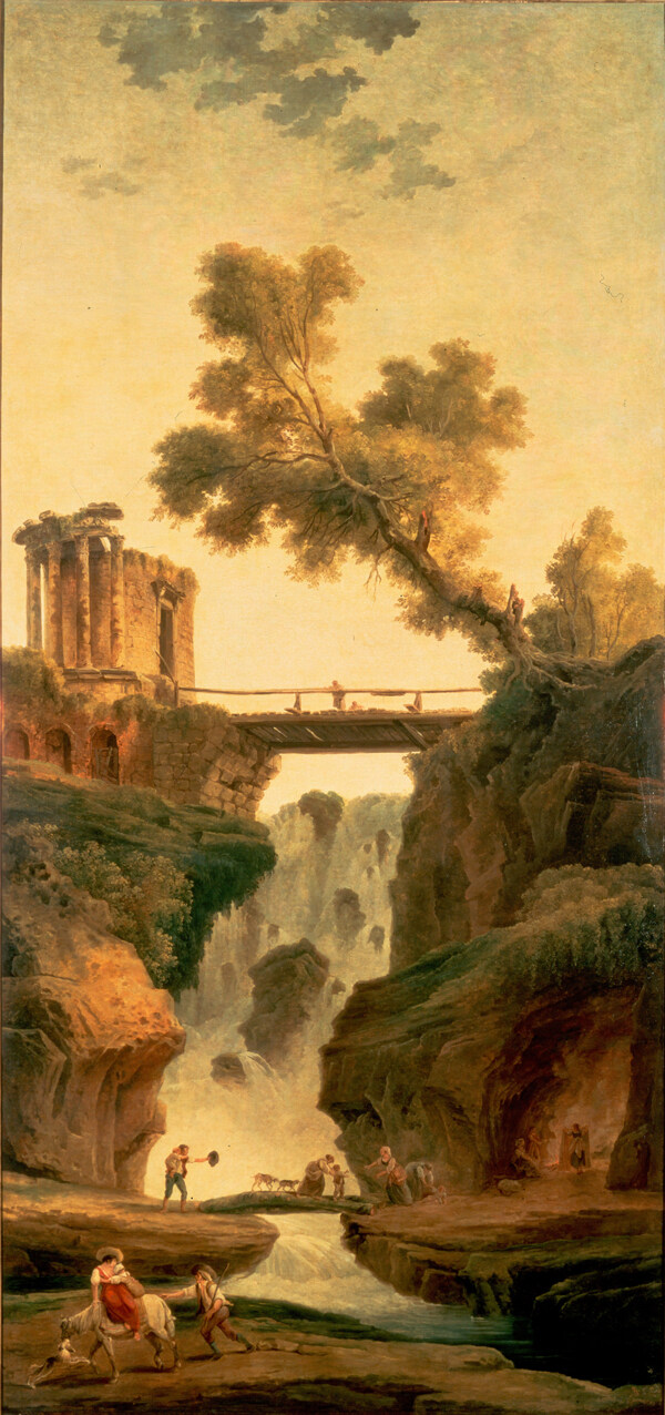 木桥瀑布风景油画图片