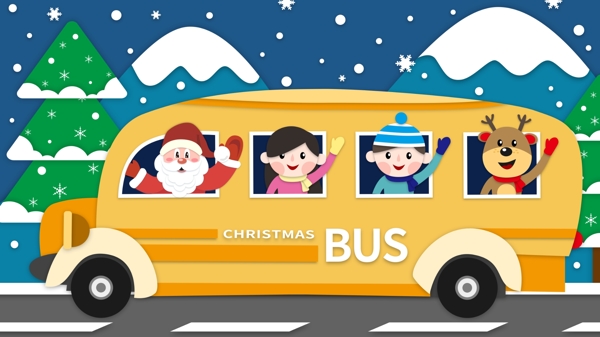 圣诞节巴士剪纸风格插画