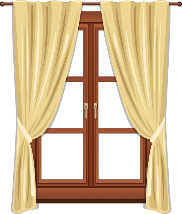 卡通黄色窗帘木质窗户矢量元素