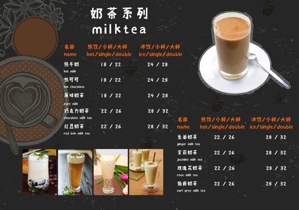 咖啡菜单奶茶系列价目表