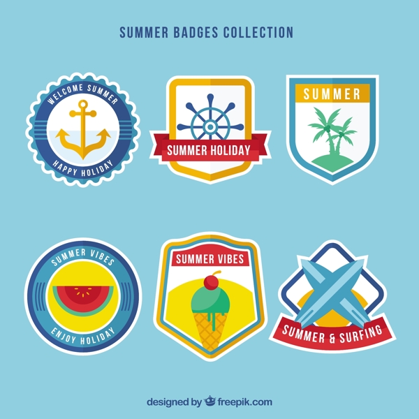 六个夏季元素徽章平面设计素材