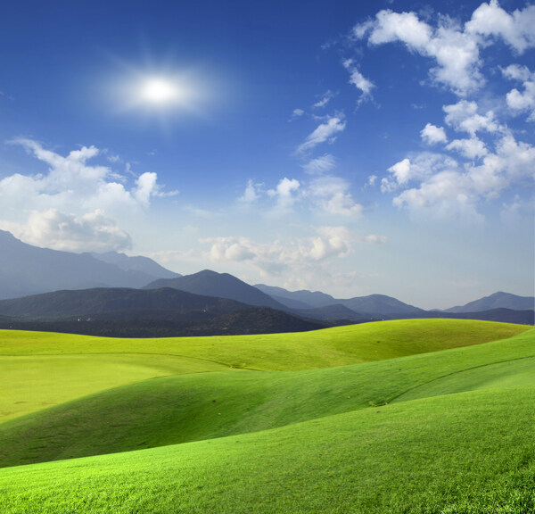 蓝天白云与草地风景图片