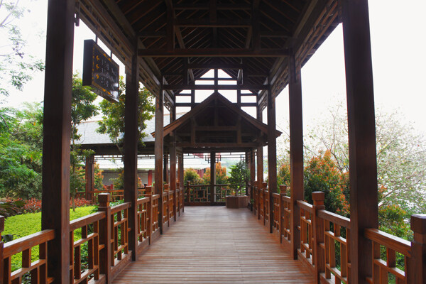 中式古典建筑木栈走廊高清图片下载