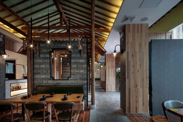 简约咖啡厅木质条纹吊顶装修效果图