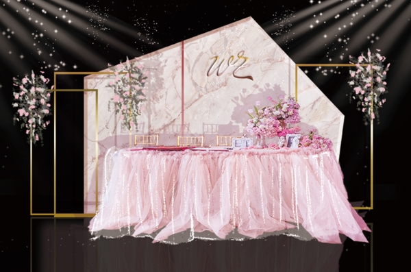 粉金色婚礼签到台背景效果图